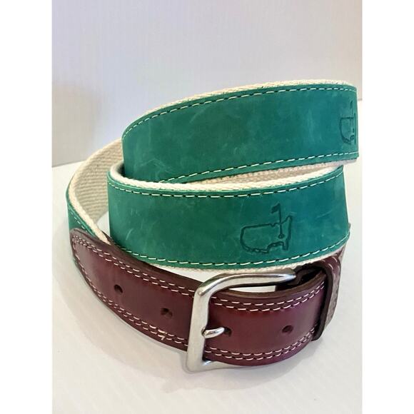 Masters Augusta Golf Suede Leather Belt EXCELLENT Brass Buckle & Logo SZ 42 105 - Picture 1 of 5